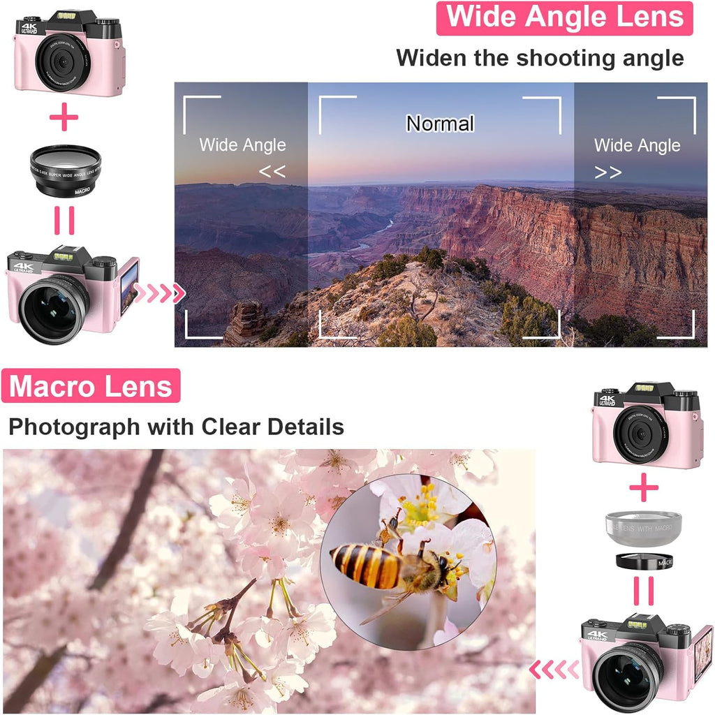 VETEK Digital Cameras for Photography, 4K 48MP Vlogging Camera 16X Digital Zoom Manual Focus Students Compact Camera with 52mm Wide-Angle Lens & Macro Lens, 32G Micro Card and 2 Batteries (Pink)