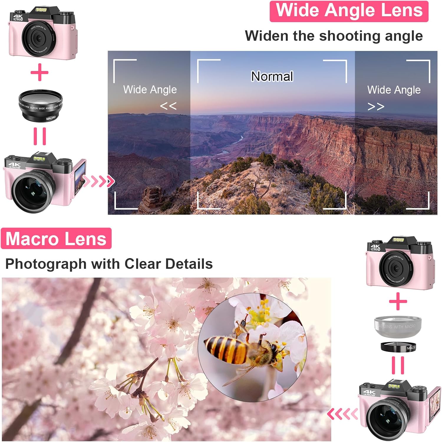 VETEK Digital Cameras for Photography, 4K 48MP Vlogging Camera 16X Digital Zoom Manual Focus Students Compact Camera with 52mm Wide-Angle Lens & Macro Lens, 32G Micro Card and 2 Batteries (Pink)