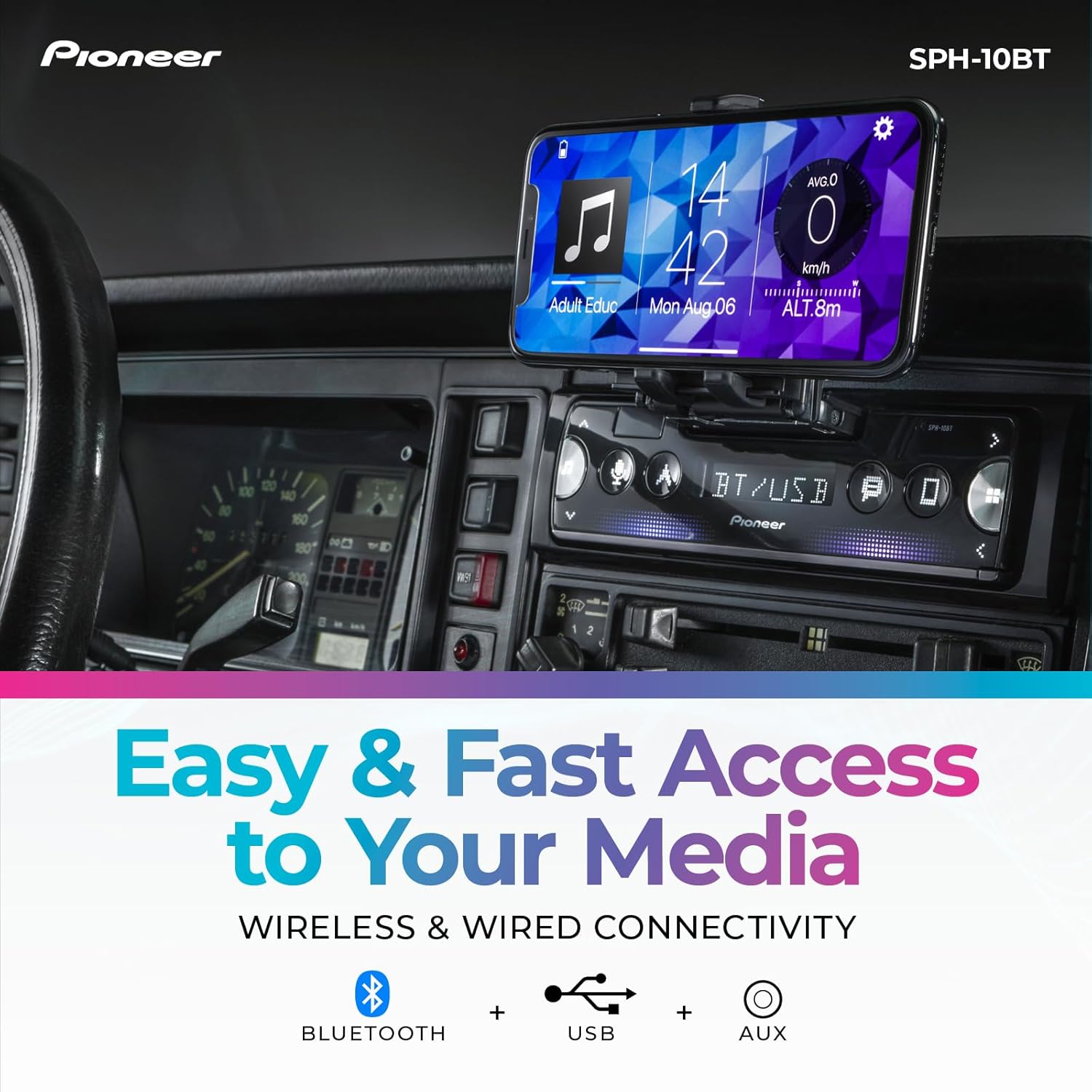Pioneer SPH-10BT 1-Din Smart Sync Receiver – Bluetooth, Smartphone Mount, Color Change, USB, FLAC, Voice Control, 50W x 4 Output, 13-Band EQ, AM/FM Radio, Front, Rear/SW Selectable RCA Preout