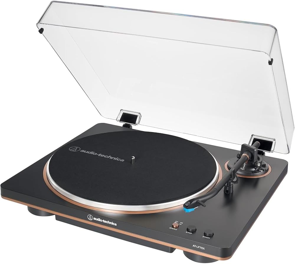 Audio-Technica AT-LP70X-BZ Fully Automatic Belt-Drive Turntable, Black/Bronze Bundle with AT-SP3X Bookshelf Speakers and Deco Gear CPS 26 Month Protection Pack (Beach-CPS- 26500)