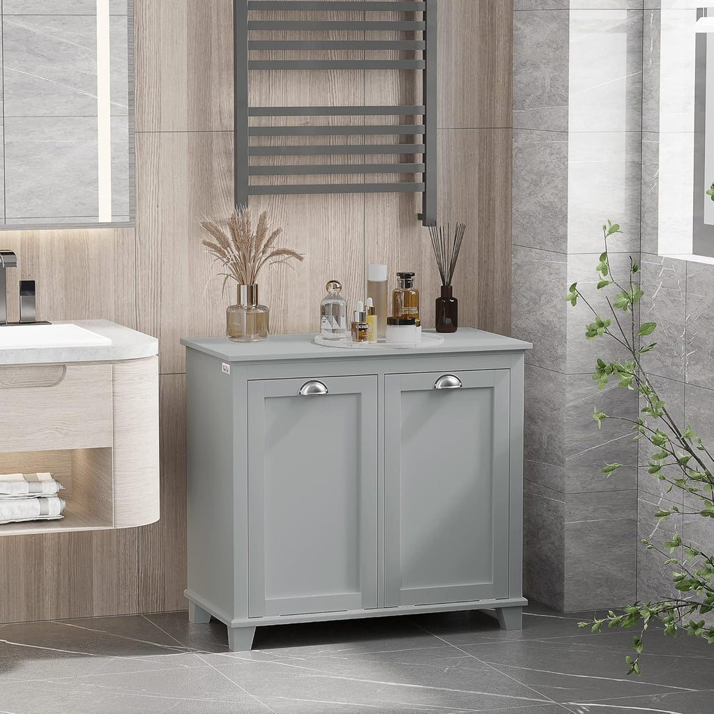 HOMCOM Dual Tilt Out Laundry Hamper Cabinet, Bathroom Storage Cabinet with 2-Compartment Hamper, Modern Bathroom Floor Cabinet for Washroom, Gray