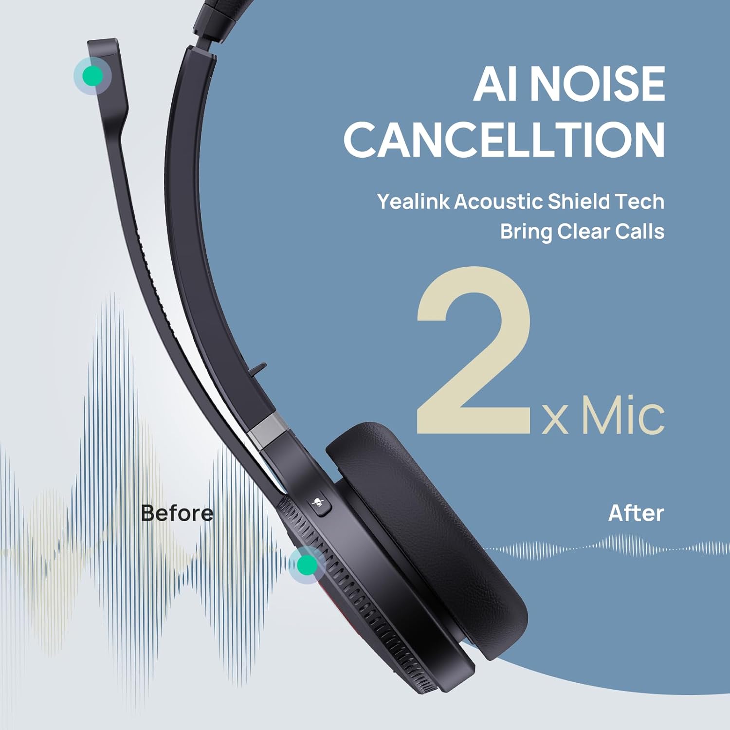 Yealink WH62 DECT Wireless Headset with Microphone, 525 Feet Range, Work Headset with Noise Cancelling Mic for Desk IP Phone and Computer Teams Zoom,Telephone Headset,14H Talk Time, Quick Mute
