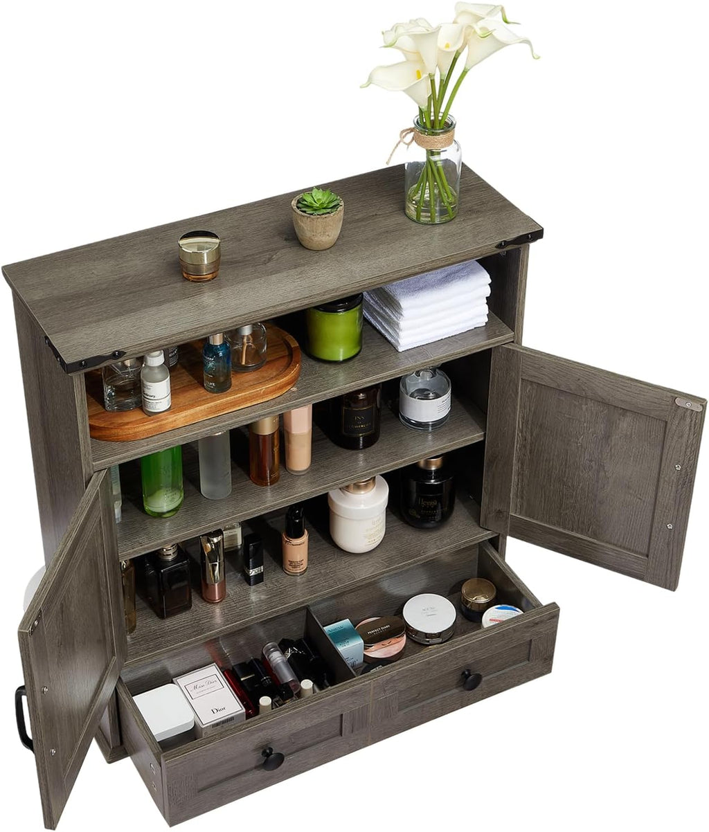 Wall Mounted Bathroom Cabinet with Barn Doors – 25" Wide Medicine Cabinet Over Toilet with Adjustable Shelf & Drawer, Hangging Storage Cabinet for Bathroom, Kitchen, Laundry, Entryway, Gray