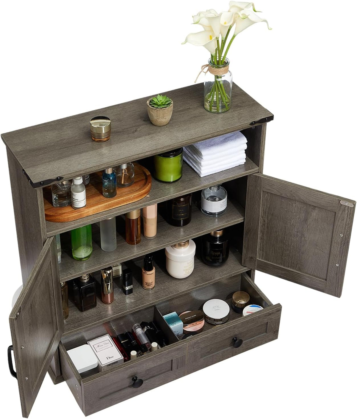 Wall Mounted Bathroom Cabinet with Barn Doors – 25" Wide Medicine Cabinet Over Toilet with Adjustable Shelf & Drawer, Hangging Storage Cabinet for Bathroom, Kitchen, Laundry, Entryway, Gray