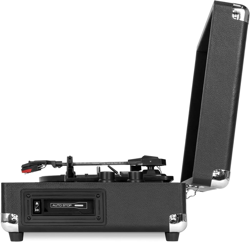 Victrola Journey+ Cassette – 3-Speed Bluetooth Suitcase Turntable with Built-In Speakers, Cassette Player & Vinyl Stream Technology, RCA Output & Aux In Support (Black)
