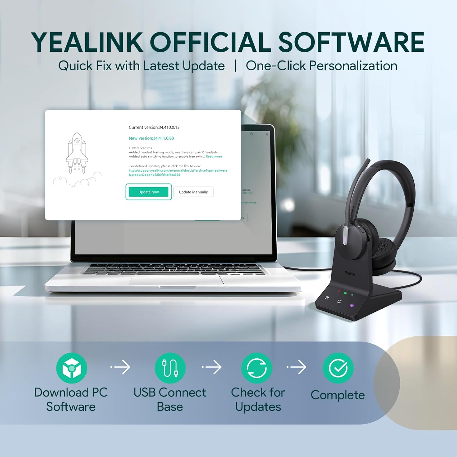 Yealink WH64 Wireless Mono Headset, DECT & Bluetooth Work Headset with 3X Noise Cancelling Mic, 26H Calls, Office Single On Ear Headsets Teams Certified for DeskPhone, Computer, Cellphone