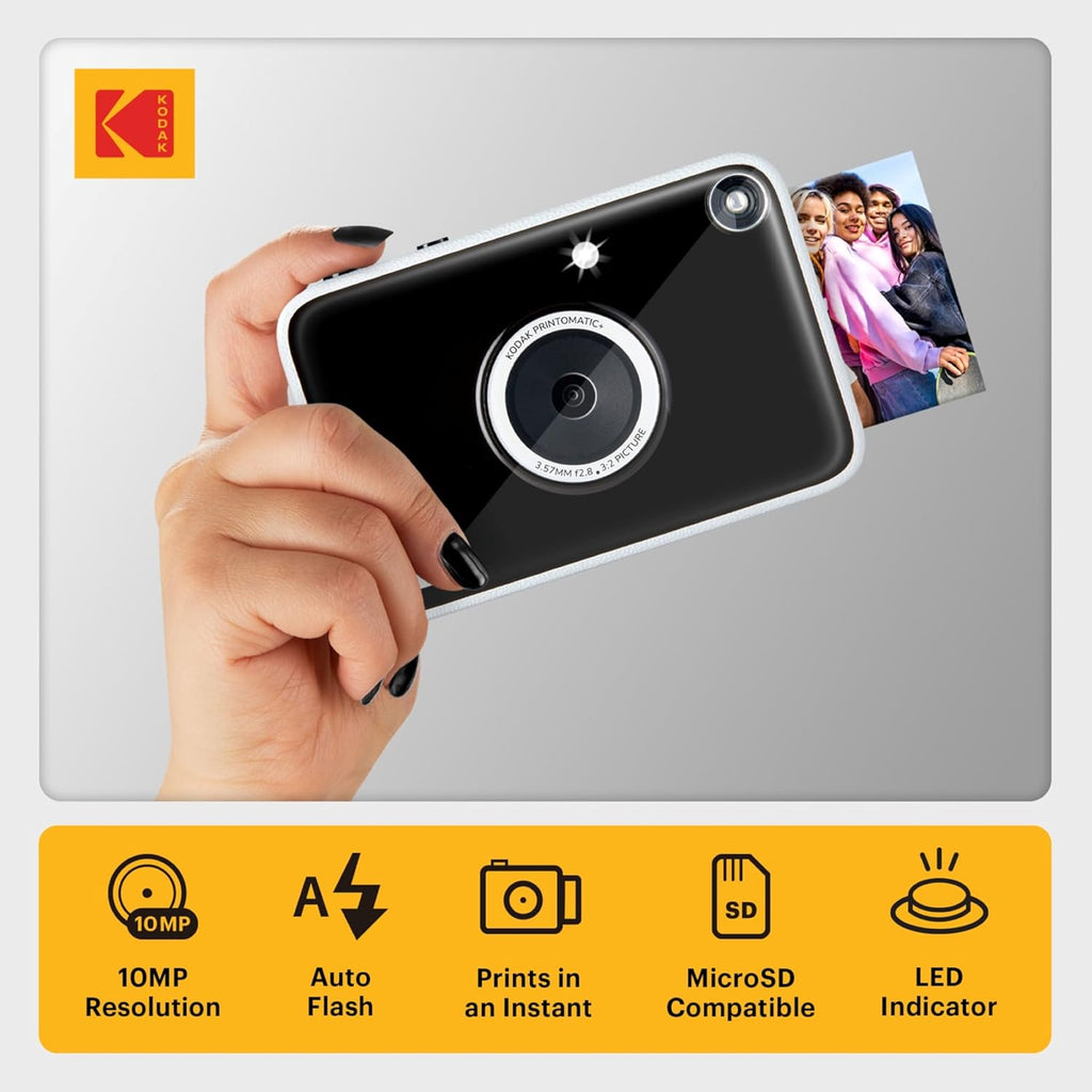 Kodak Printomatic+ Instant Print Digital Camera Starter Bundle + Carrying Case + Zink 20pk Sticky-Back Photo Paper - 10MP, Full-Color Photos, GB LED Status Indicator - Black