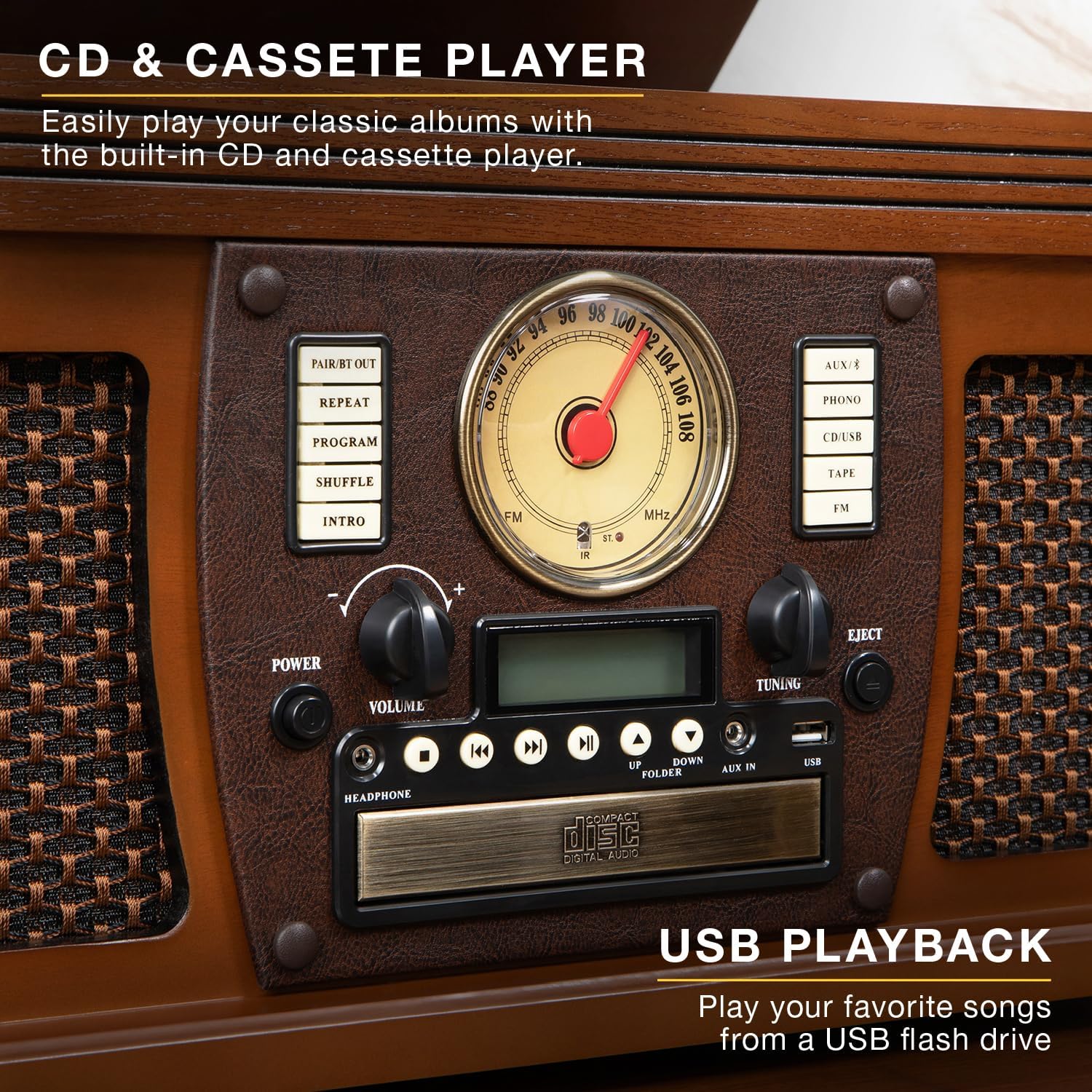 Victrola Navigator 8-in-1 Bluetooth Record Player with Built-in Speakers – 3 Speed, CD Player, Cassette, FM Radio, USB, RCA Out, Headphone Jack, Wireless Music Streaming, Real Wood (Walnut)