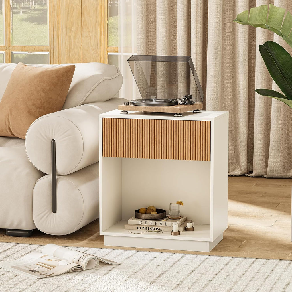 Fluted Nightstands Set of 2, Modern Bedside Table with Drawer and Storage Shelf, Wood End Table Mid Century Night Stands for Bedroom Living Room Sofa Couch Office (White+Oak)
