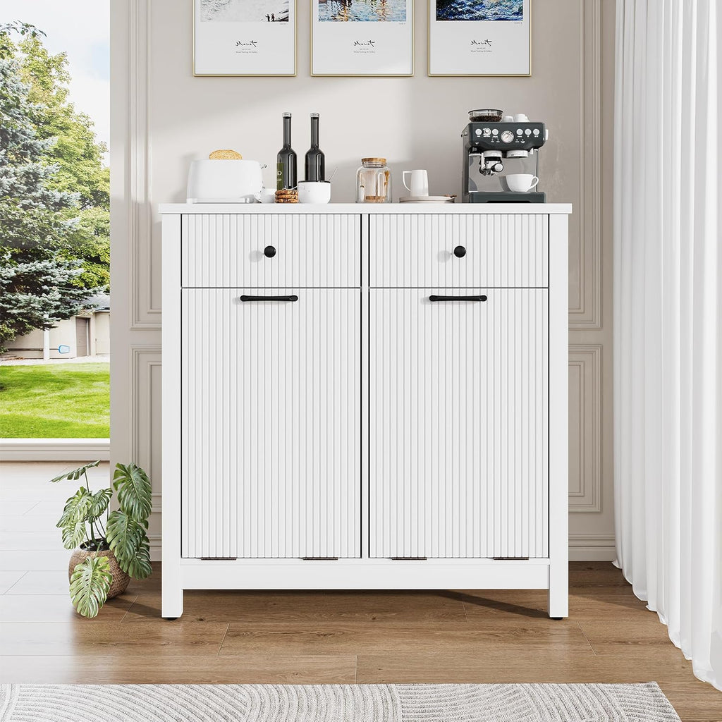 Airynee Double Tilt-Out Laundry Hamper Cabinet with 2 Drawers, 20 Gallon Fluted Trash Can Cabinet with Laundry Basket, Hidden Wood Garbage Can Bin Cabinets for Bathroom & Kitchen, White