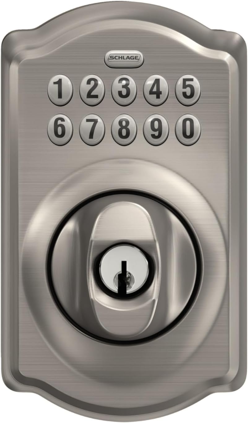 Schlage Camelot Electronic Keypad Deadbolt Lock, Keyless Front Door Entry, Mechanical Key Backup Included, Satin Nickel, BE365 V CAM 619