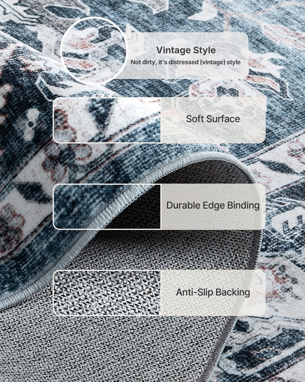 AMADA HOMEFURNISHING 9x12 Washable Area Rug, Low-Profile Large Area Rug with Non-Slip Backing & Durable Edge Binding, Vintage Large Rugs for Living Room, Bedroom & Dinning Room