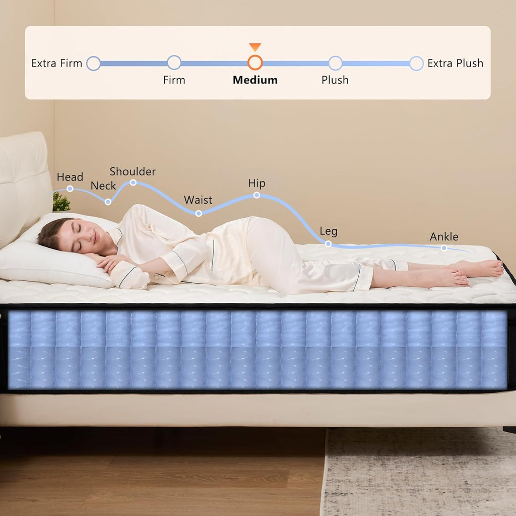 Moccona King 14 Inch Hybrid Mattress with Memory Foam - Mattress in a Box with Individual Pocket Spring - Medium Firm Mattress Sleep Support Pressure Relief CertiPUR-US Certified