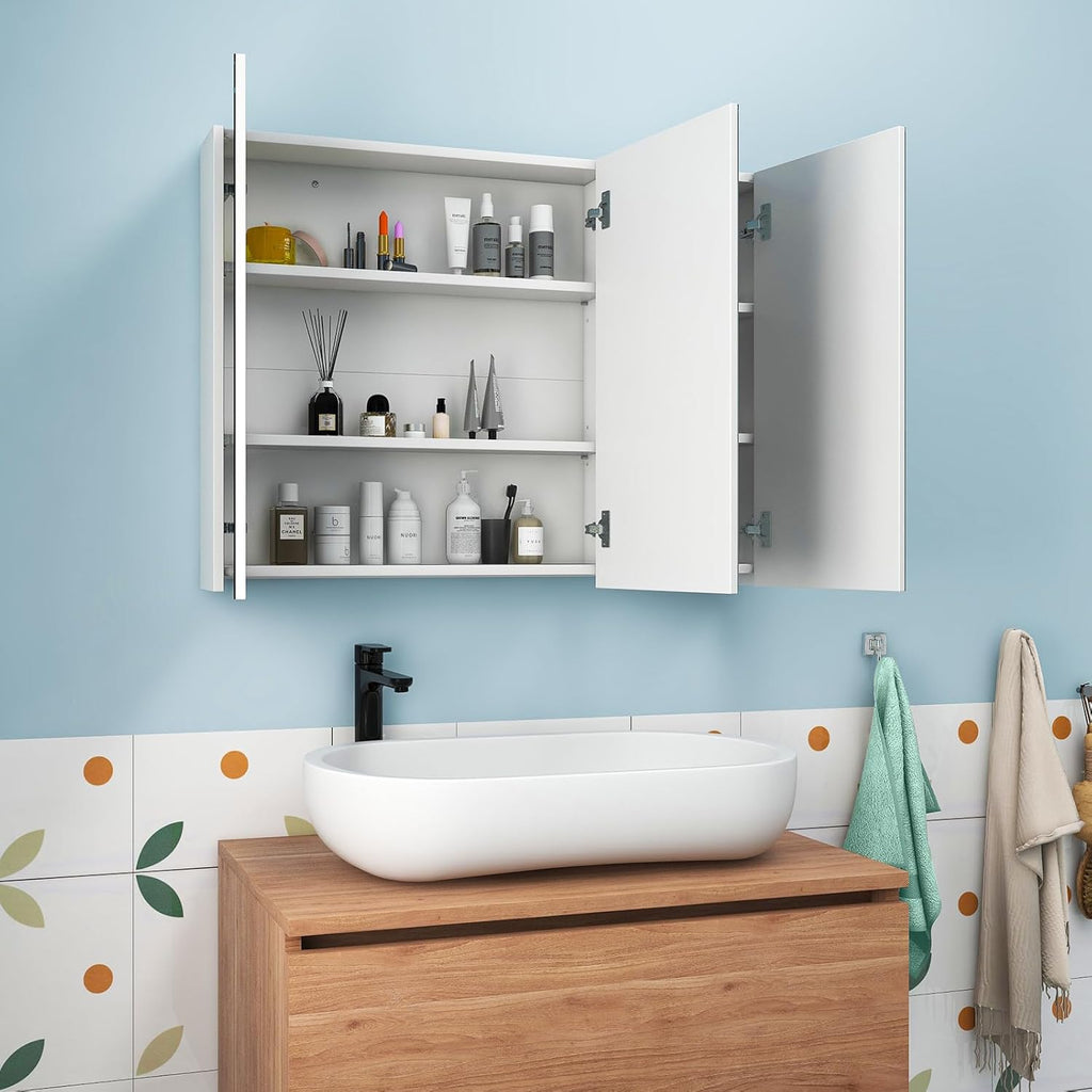 Tangkula Medicine Cabinet with Mirror, Frameless Bathroom Wall Mounted Cabinet with 3 Doors and Adjustable Shelves, Storage, Recess or Surface Mount Installation