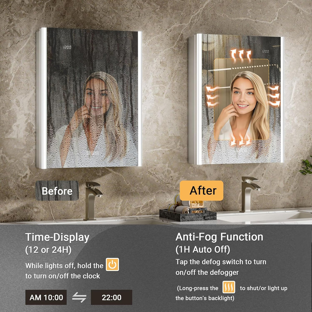 Lighted Medicine Cabinet Mirror with Lights & Smart Night Lamp -20x26 Surface or Recessed Medicine Cabinet Mirror with Outlet & Clock,Fogless Dimmable LED Storage Mirror,Built-in Sensor Light