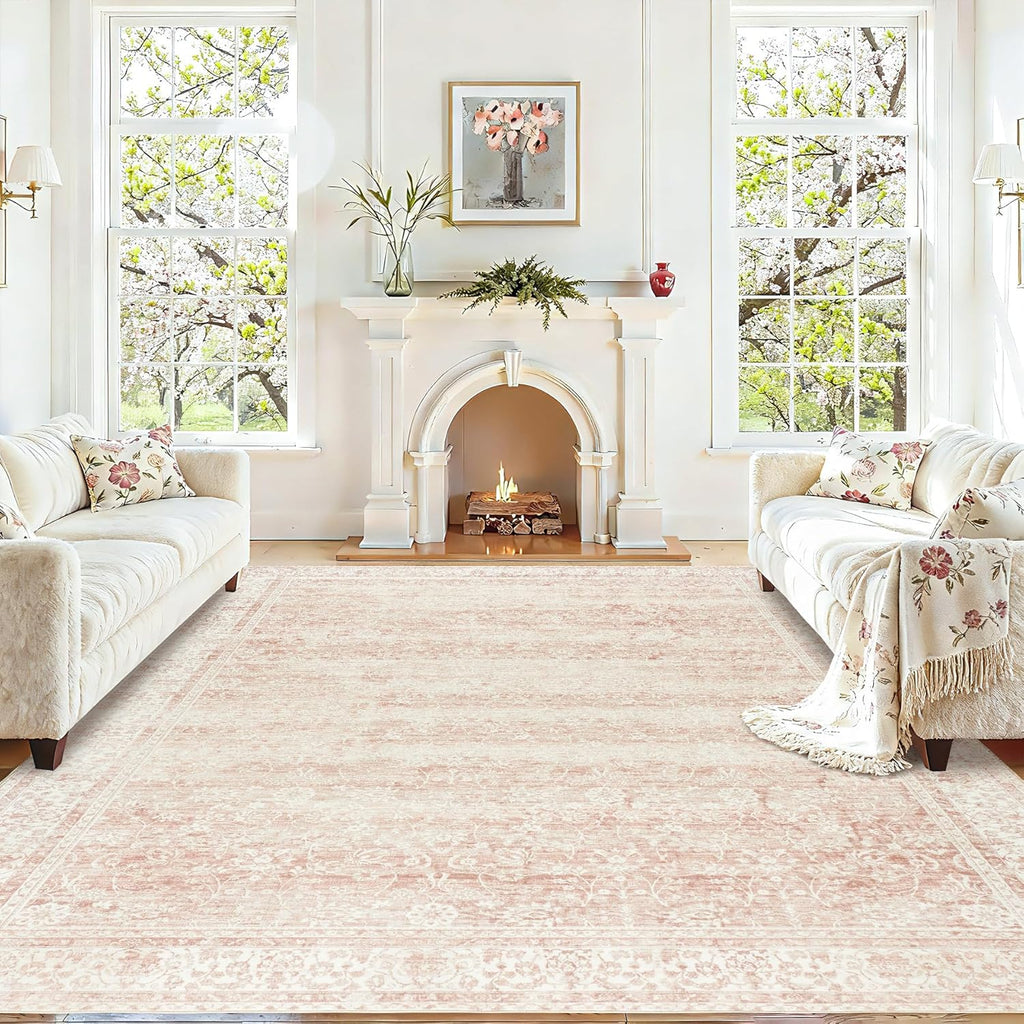 Pink Area Rug for Living Room Low Pile Soft 8 x 10 Carpet with Non Slip Washable Neutral Boho Floral Rugs for Hardwood Floor Protector Extra Large Area Rugs 8x10 for Big Nursery Bedroom Livingroom