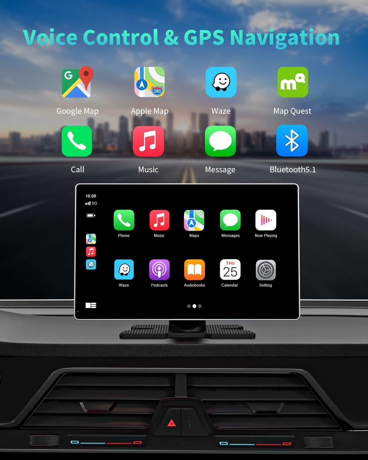 Madoec Portable Apple Carplay Screen for Car, 9" Wireless Apple Carplay & Android Auto,4K Dash Cam,1080p Backup Camera DVR,Car Audio Receivers GPS Navigation Mirror Link, Bluetooth,FM, Siri