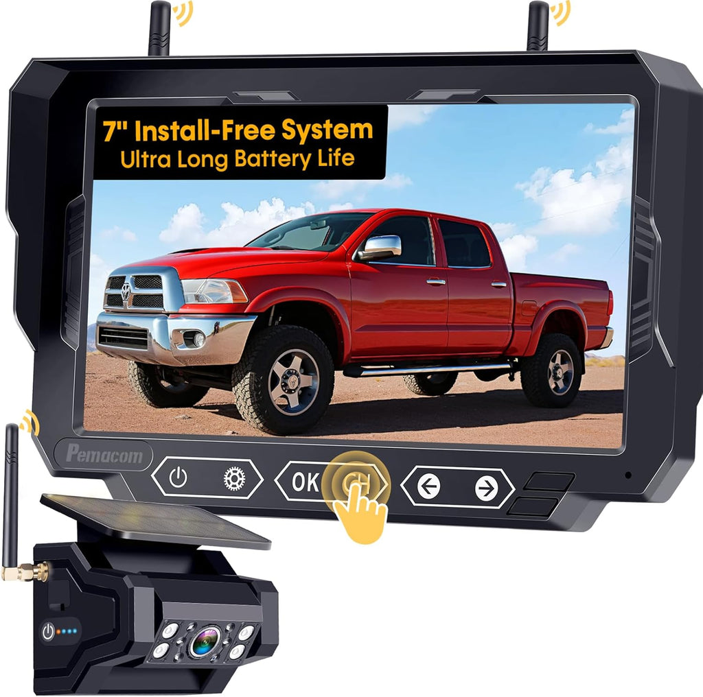 1080P HD Wireless Backup Camera: 1-Min Magnetic Easy Install No Wiring 7" Anti-Glare Monitor with Clear Night Vision - 24H Long Life Solar Scratch-Proof Rear View Camera for Truck Trailer SUV Small RV