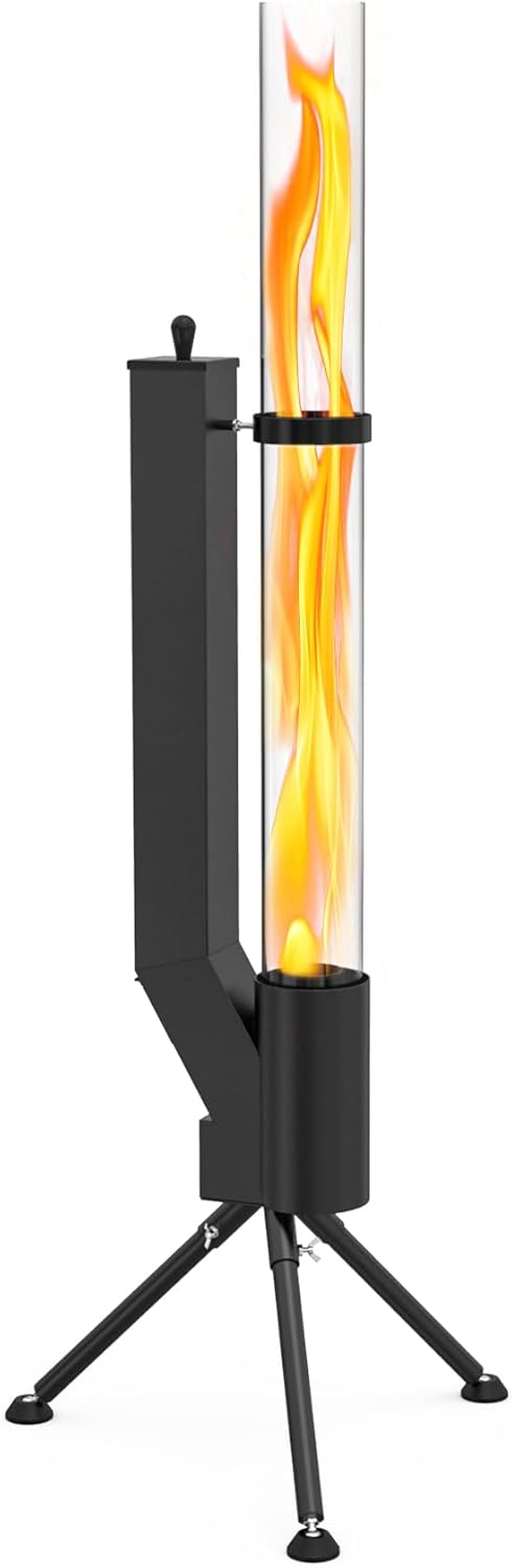 58" Wood pellet Patio Heater with Glass Tube, Portable Pellet Heater Fire Pit, Rocket Stove for Camping Backyard Porch Coffee Shop Outside Restaurant, Bonfire Party, RV, Tailgating, Beach, FP042