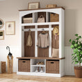 66.9" Tall Hall Tree with Bench and Shoe Storage, Modern Entryway Mudroom Furniture with Coat Rack and 2 Rattan Baskets, White and Oak Home Organizer with 5 Hooks for Foyer