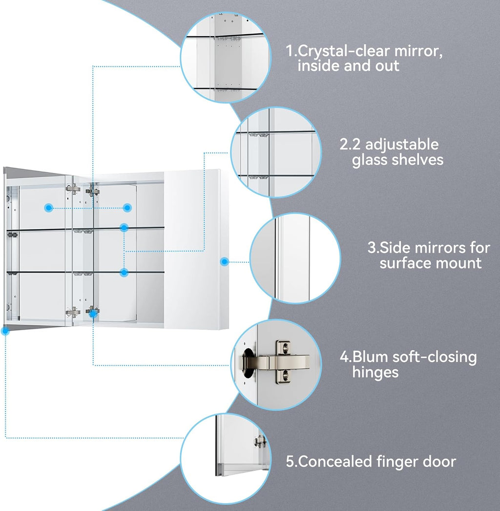 Sunrosa Medicine Cabinet with Mirror, 36" W x 31.5" H, 2 Asymmetrical Doors, Wall-Mounted & Recessed Bathroom Medicine Cabinet with Tempered Glass Mirror