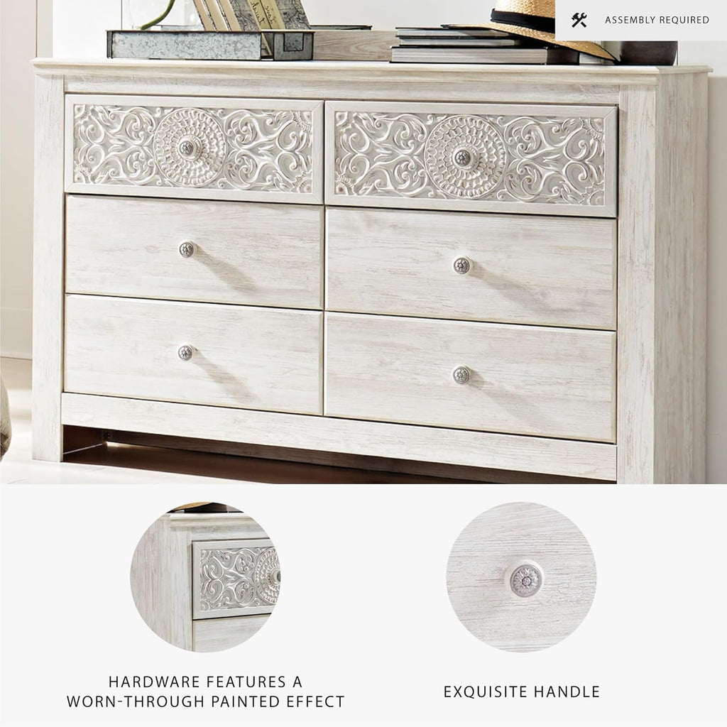 Signature Design by Ashley Paxberry Boho 6 Drawer Dresser, Smooth-gliding Faux Laminate Lined Drawers, Wood, 61.26" W x 15.83" D x 40" H, Whitewash