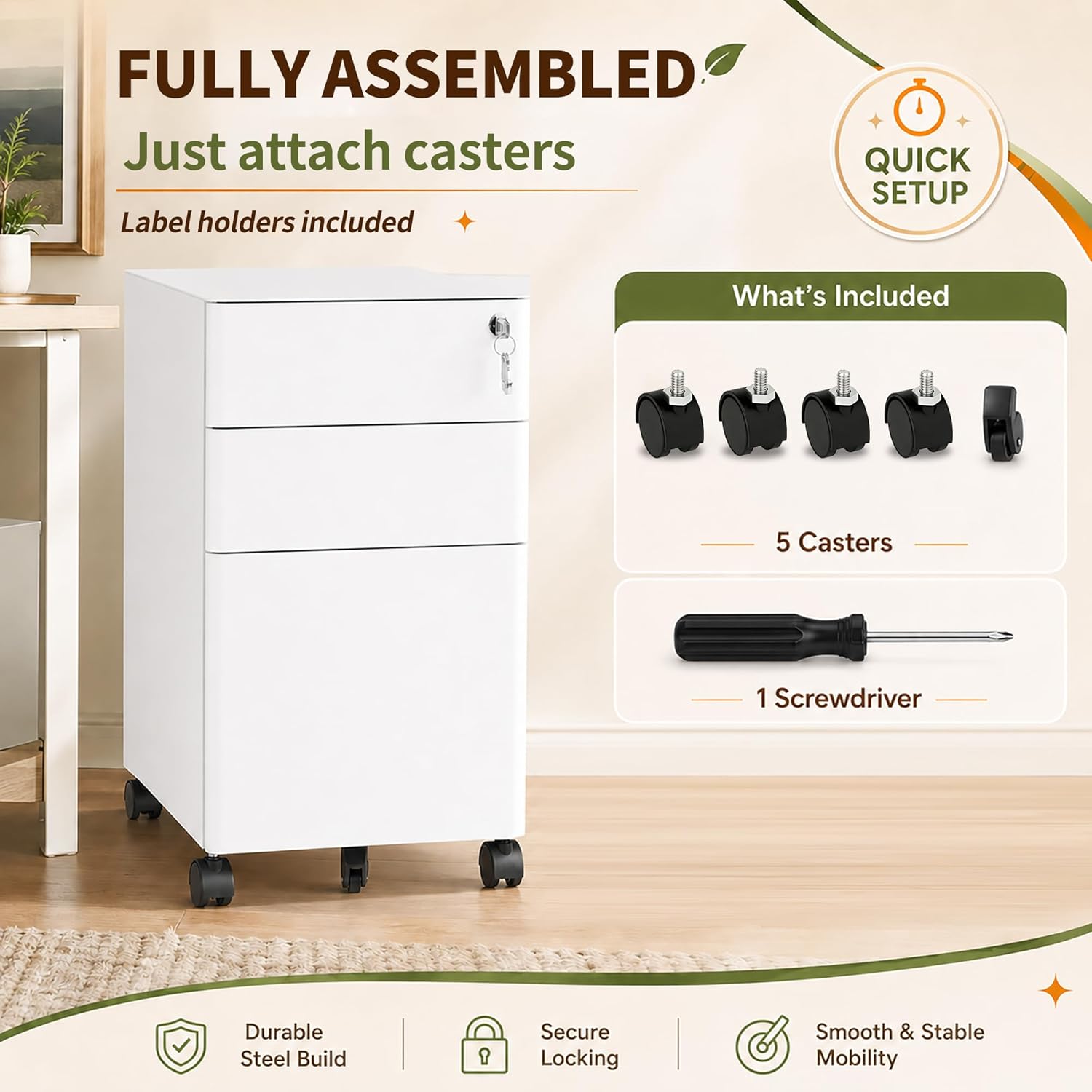 3 Drawer File Cabinet with Lock, Fully Assembled Rolling Printer Stand Under Desk, White Filing Cabinet for Legal/Letter Size, Home Office, 17.7" D x 11.8" W x 24.0" H