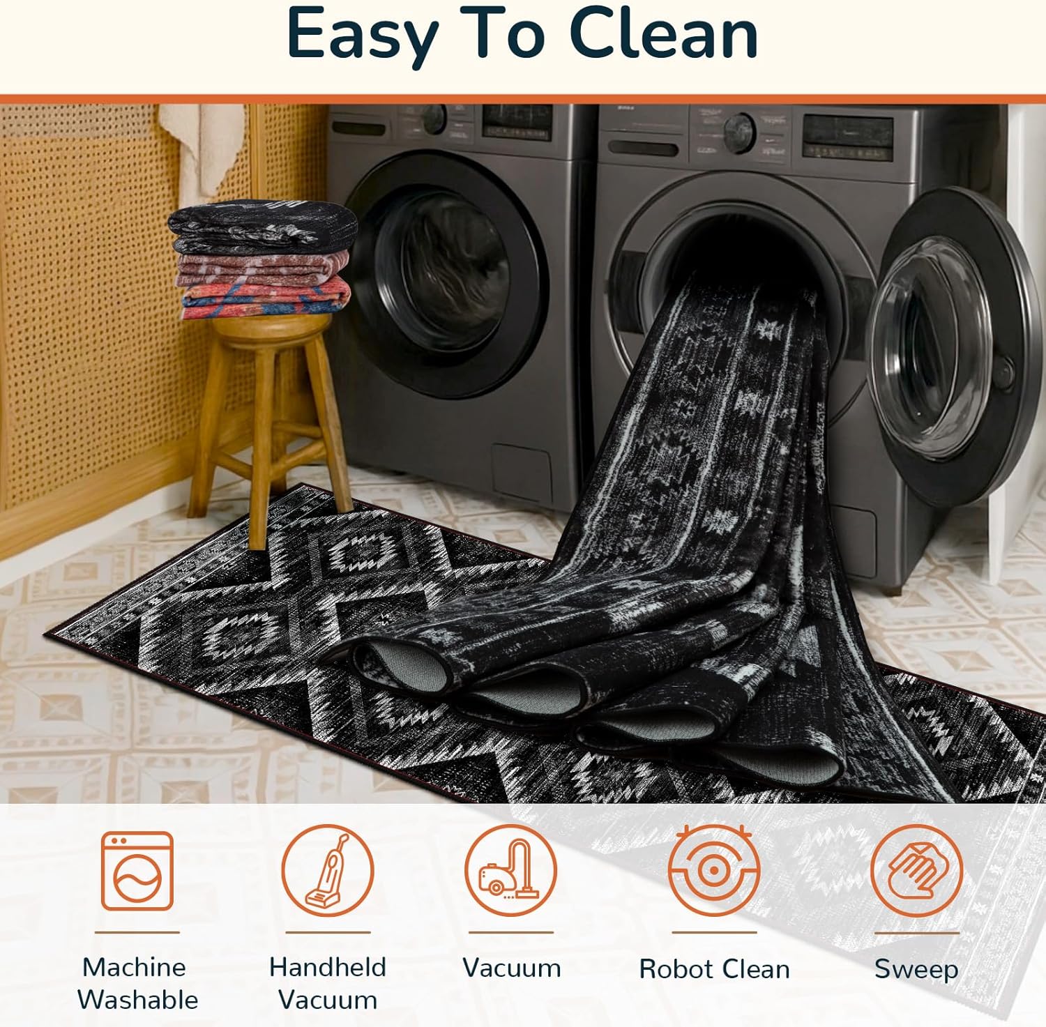 Area Rug 9x12 Rug Machine Washable Non-Slip Low Pile Print Pattern Western Rug for Living Room Bedroom Entryway Tribal Series -Black