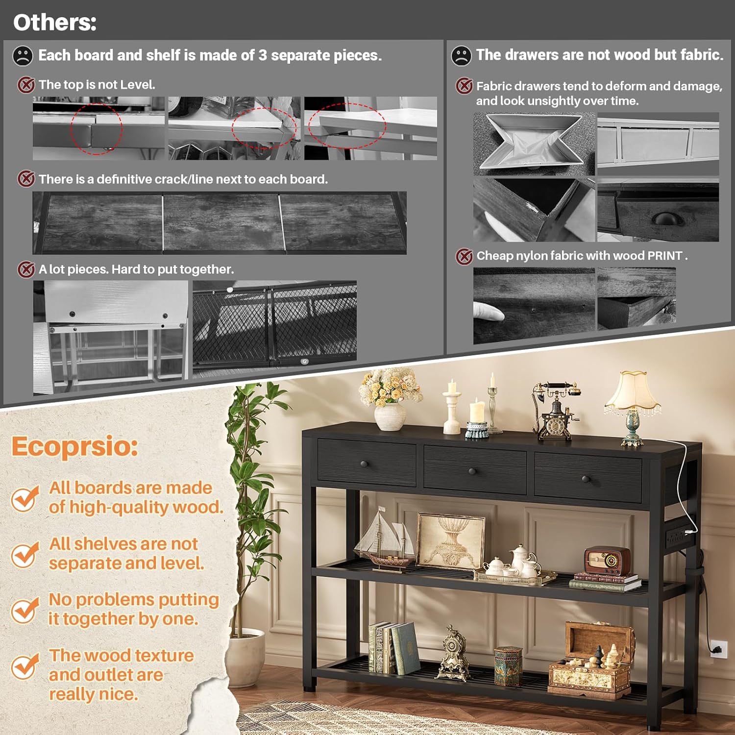 Ecopriso 47'' Entryway Table with Outlets and USB Ports, Console Table with 3 Drawers, Sofa Table Narrow Long with Storage Shelves for Living Room, Couch, Hallway, Foyer, Kitchen Counter, Black