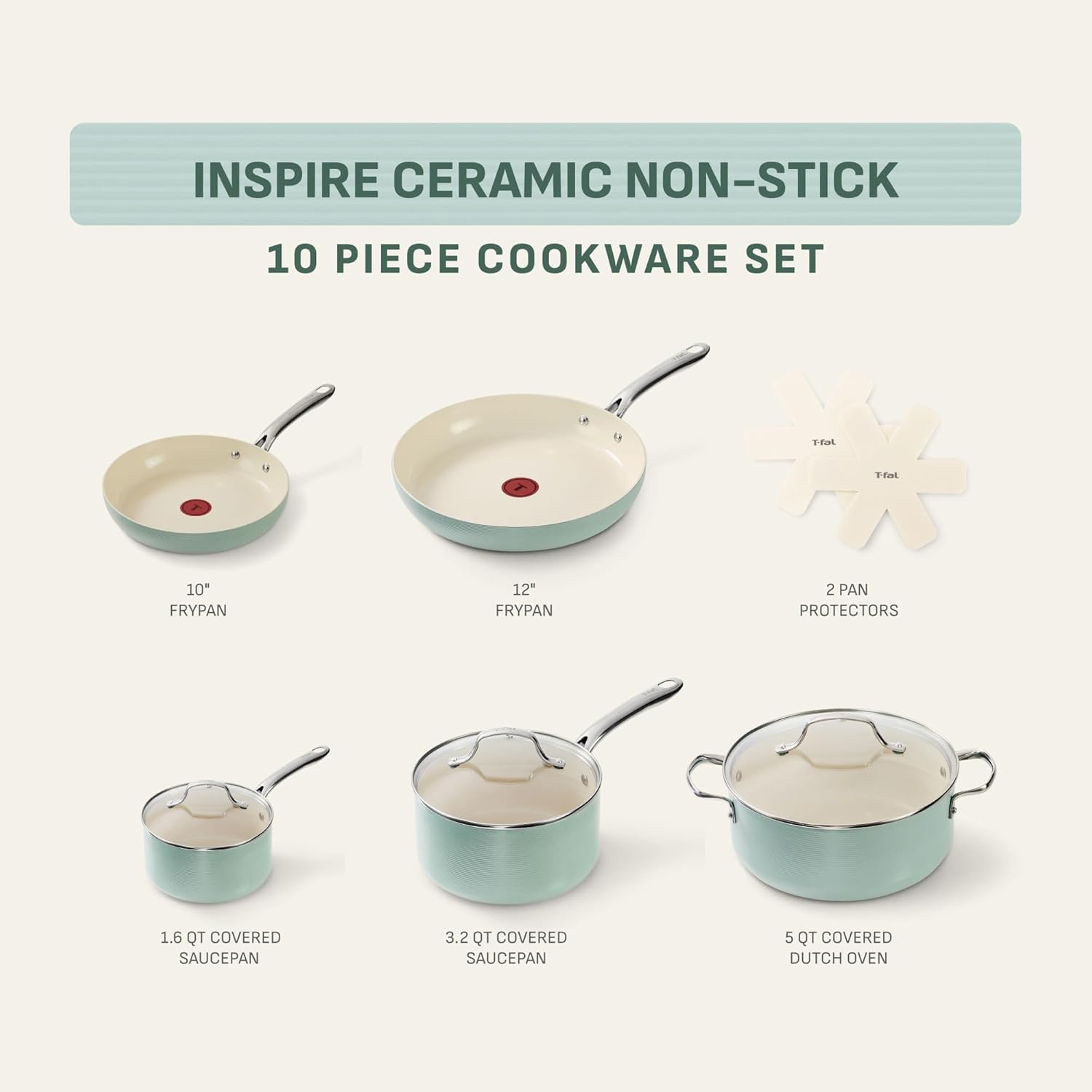 T-Fal Inspire Ceramic Nonstick Cookware Set, 10-Piece, Oven Safe to 500°F, Stockpot, Ceramic Pots and Pans Set, Frying Pans, Saucepans, Pan Protectors, Mint Green