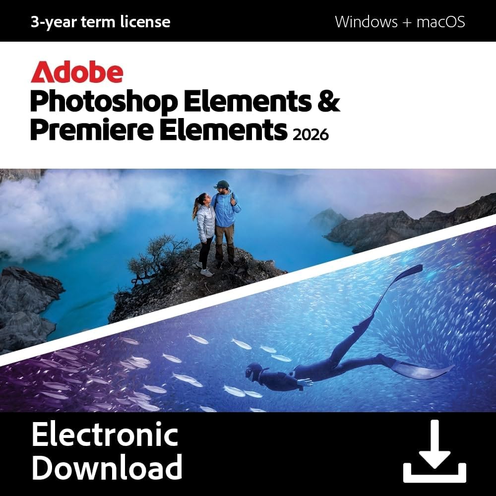 Adobe Photoshop Elements & Premiere Elements 2026 | Software Download | Photo & Video Editing | 3-year term license | Activation Required PC/Mac Online Code