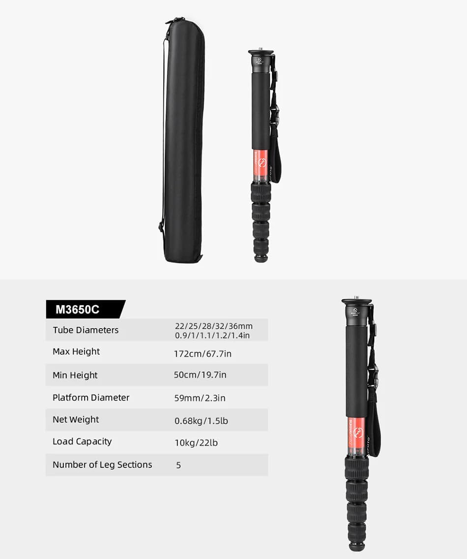 SUNWAYFOTO T1A20R + M3650C CF Monopod + Dolly, Heavy Duty Rolling Stand, Aluminum Alloy w Rubber Wheels