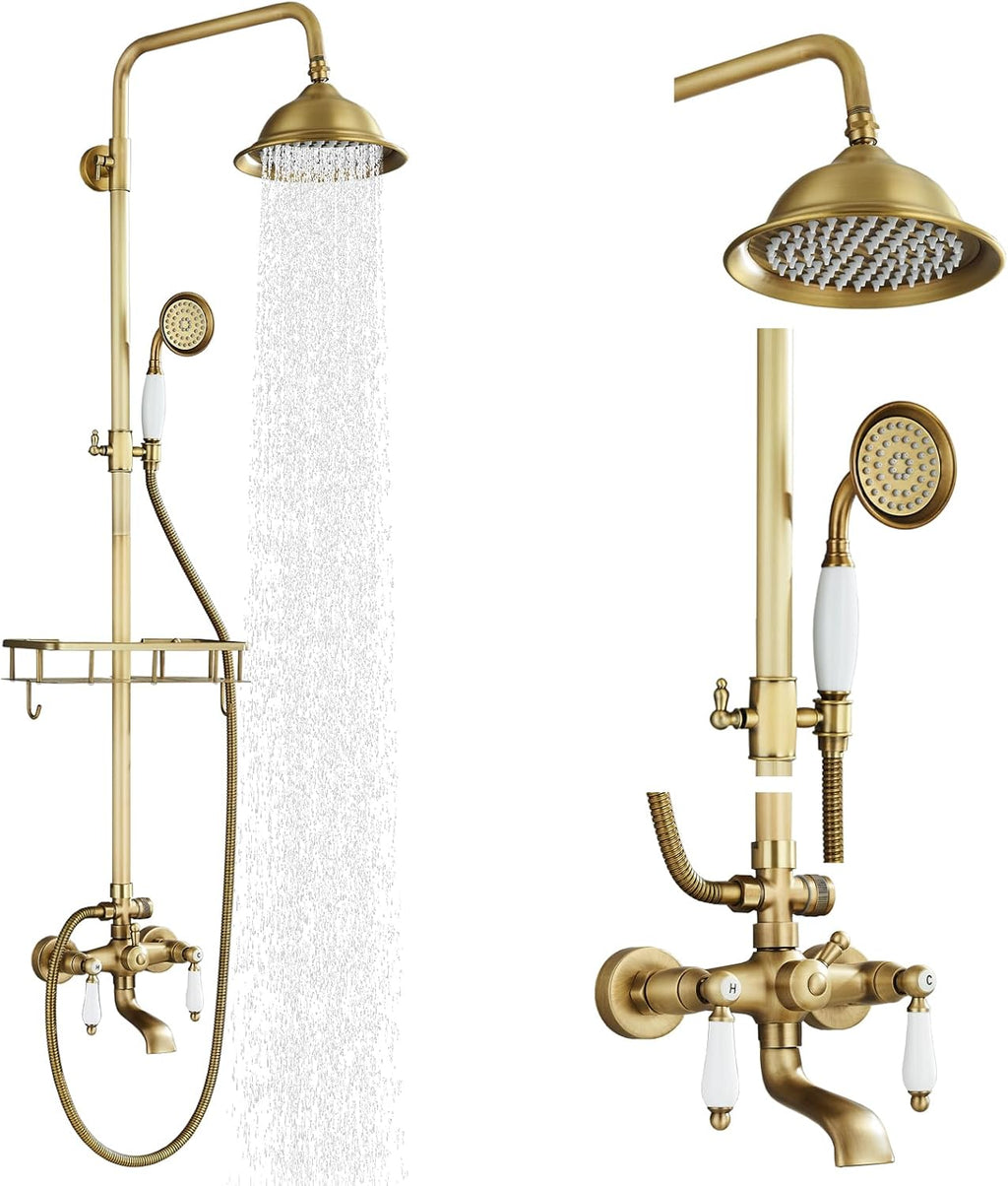 Antique Brass Shower System Outdoor Shower Fixtures with 8 Inch Rain Shower Head and Double Cross Handles Bathroom Shower Faucet Set