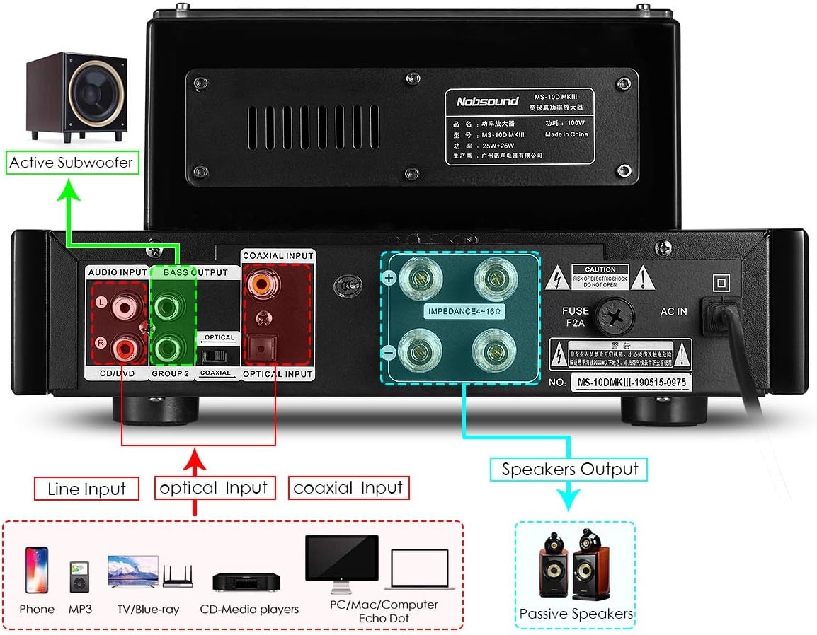 Nobsound MS-10D MKIII HiFi Bluetooth Hybrid Tube Power Amplifier Stereo Subwoofer Amp USB/Opt/Coax