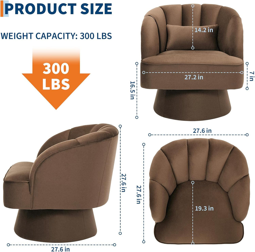 GarveeHome Modern Swivel Barrel Accent Chair, 360 Degree Velvet Upholstered Armchair with Striped Backrest & Plush Padding, Comfy Round Lounge Chair for Living Room, Bedroom, Reading Nook, Brown