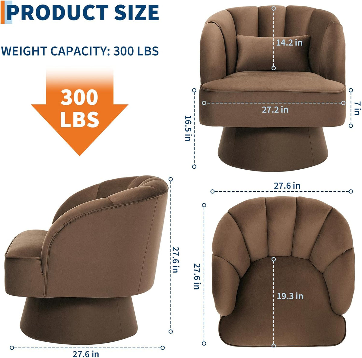 GarveeHome Modern Swivel Barrel Accent Chair, 360 Degree Velvet Upholstered Armchair with Striped Backrest & Plush Padding, Comfy Round Lounge Chair for Living Room, Bedroom, Reading Nook, Brown