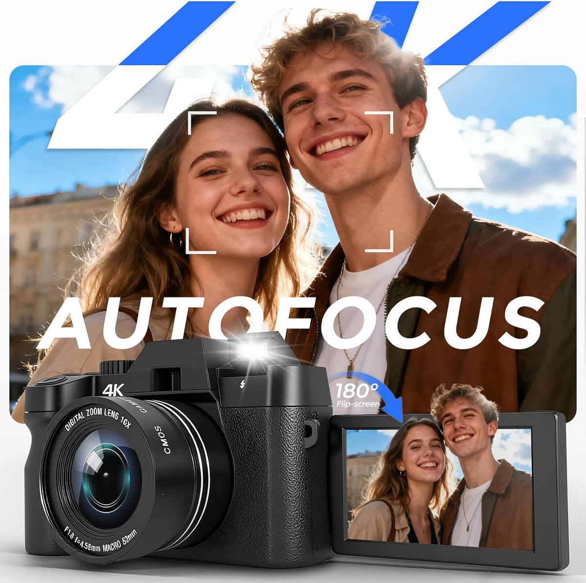 4K Digital Camera for Photography with WiFi Auto-Focus Vlogging Camera for YouTube with Flip Screen, Come with 2 Batteries, Wide & Macro Lens, MicroSD Card, Card Reader