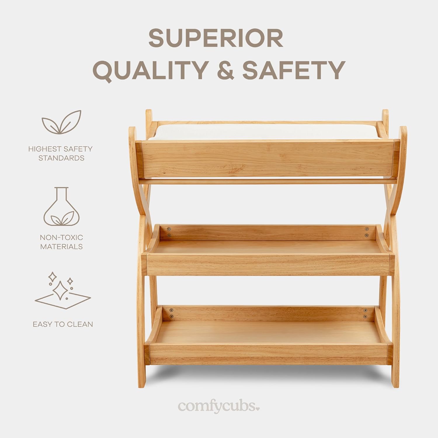Comfy Cubs Baby Changing Table - Sturdy Wood Construction, Timeless Look Baby Change Table with Two Open Shelves for Infant Daycare Essentials Storage - Natural Wood