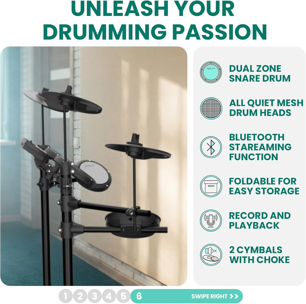 Fesley FED150 Electric Drum Set: Dual Zone Snare Drum, 2 Cymbals with Choke, 200 Sounds, 4 Quiet Mesh Drum Pads, Electronic Drum Set for Beginner, Bluetooth, MIDI, Throne, Headphone, Drum Sticks