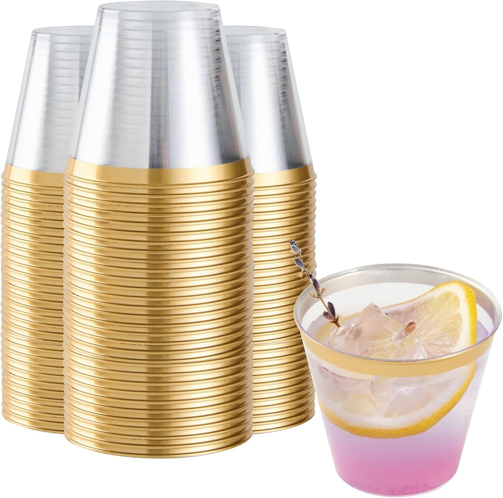 Restaurantware 5 oz Plastic Cups 500 Count Chef 101 Clear Disposable Cup with Gold Rim Drinkware Cold Beverage Tumbler Durable Design for Parties and Events