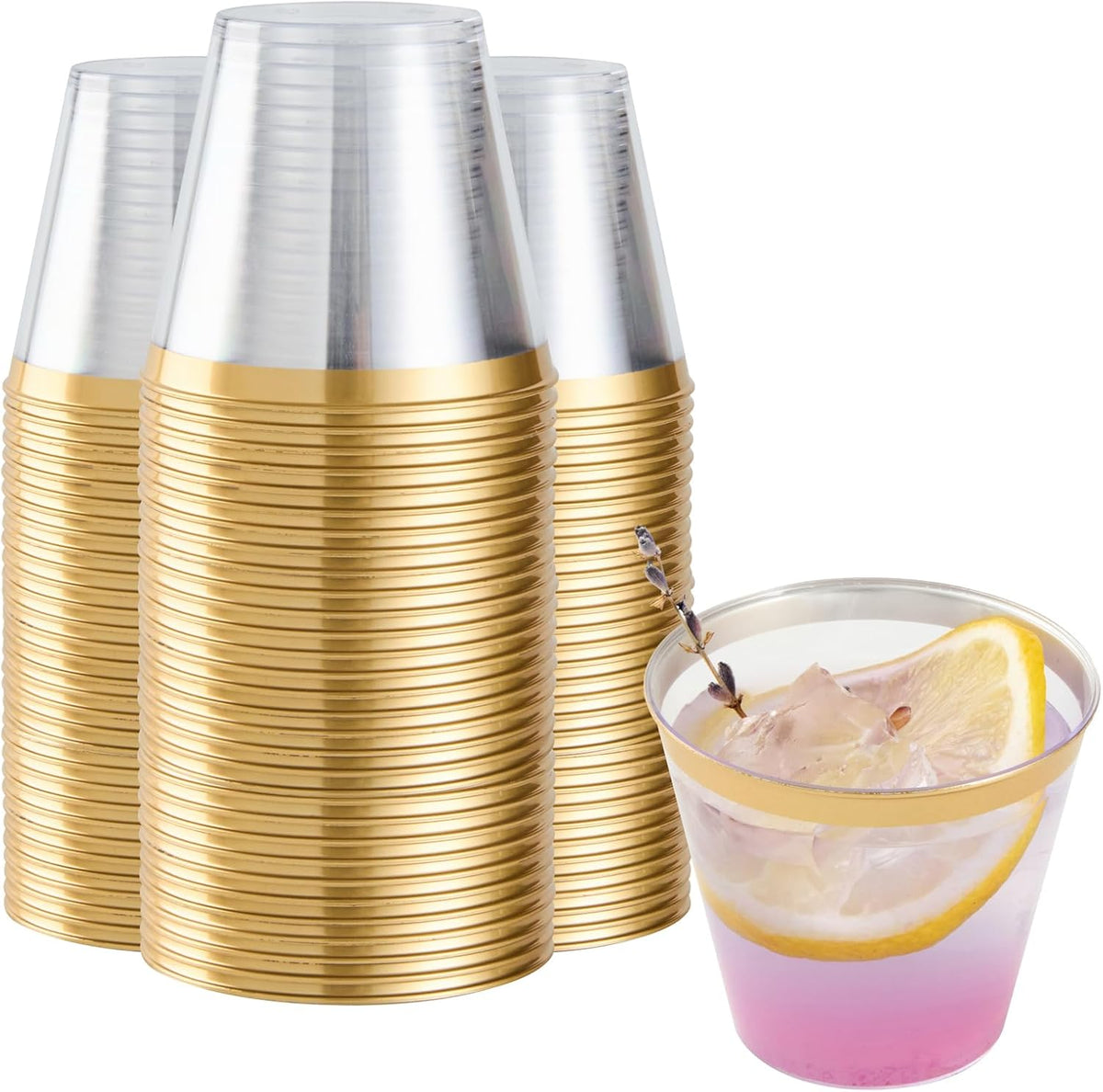 Restaurantware 5 oz Plastic Cups 500 Count Chef 101 Clear Disposable Cup with Gold Rim Drinkware Cold Beverage Tumbler Durable Design for Parties and Events