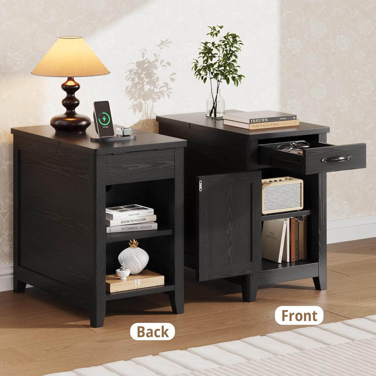 IRONCK End Table with Charging Station, Narrow Side Table for Living Room, Night Stand Set of 2 with Drawer and Cup Holder, Farmhouse Bedside Table with USB Ports and Outlets for Home, Black