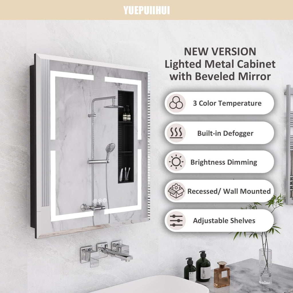 24X30 Inch Lighted Medicine Cabinet, Recessed Medicine Cabinet with Adjustable 3-Color, Brightness Dimming, Defogger, Wall Mounted