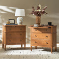 HULALA HOME End Table with Charging Station & Hidden Drawer, 30" Tall Side Table with Pull-Out Shelf, Rubberwood Legs(Set of 2, Teak)