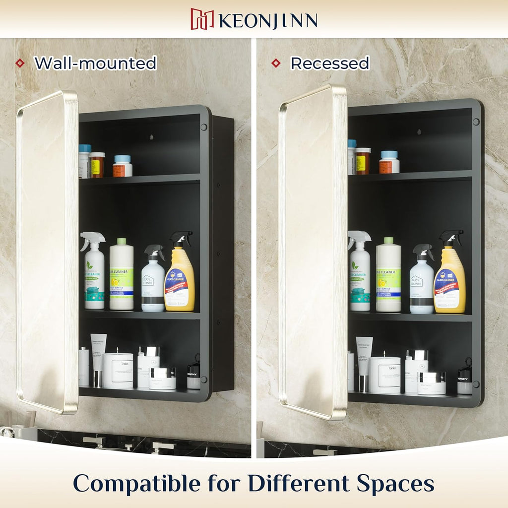 Keonjinn Brushed Nickel Medicine Cabinet for Bathroom, 16 x 24 Inch Medicine Cabinet with Mirror, Stainless Steel Framed, Stepless Adjustable Shelves, Recessed or Wall Mount, Sturdy, Rounded Rectangle