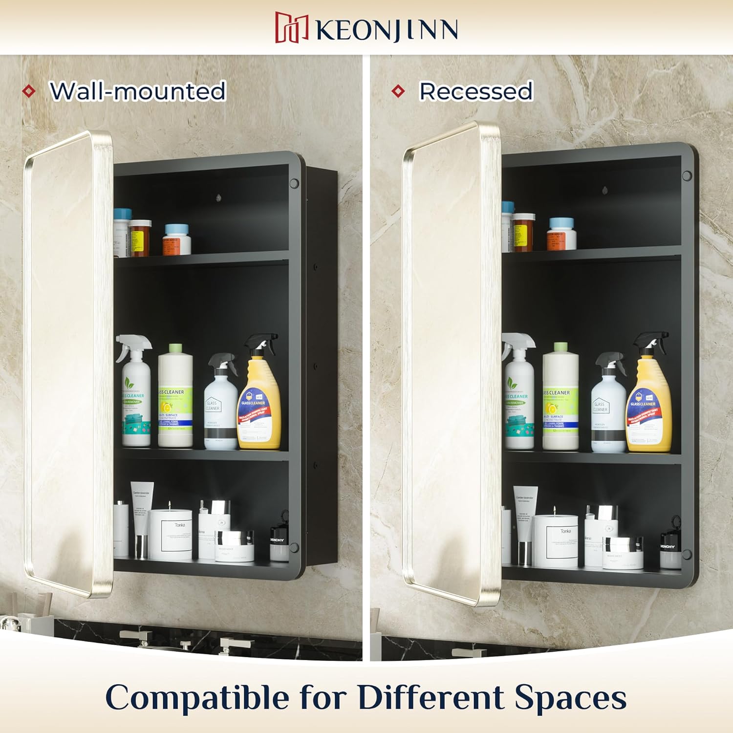 Keonjinn Brushed Nickel Medicine Cabinet for Bathroom, 16 x 24 Inch Medicine Cabinet with Mirror, Stainless Steel Framed, Stepless Adjustable Shelves, Recessed or Wall Mount, Sturdy, Rounded Rectangle