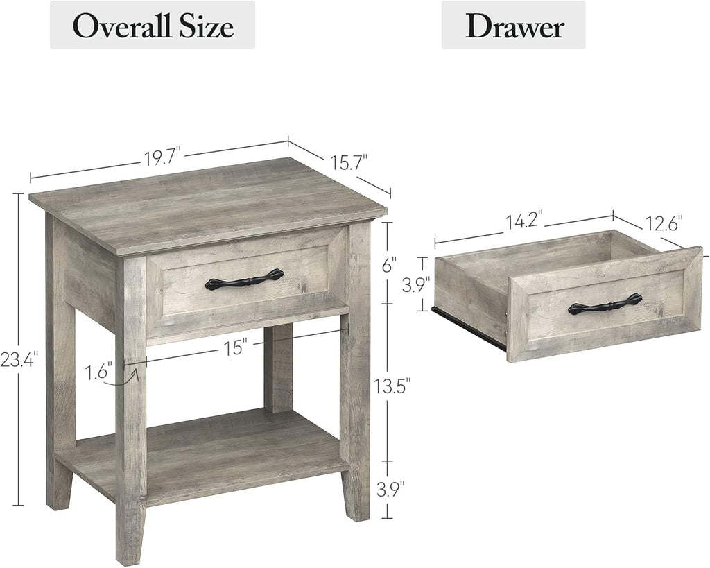 IDEALHOUSE Grey Nightstands Set of 2, End Table with Drawer, Side Table for Spaces, 2 Tiers Storage Shelves with Dresser, Bedside Table for Living Room, Bedroom, Dorm (2pcs-Grey)