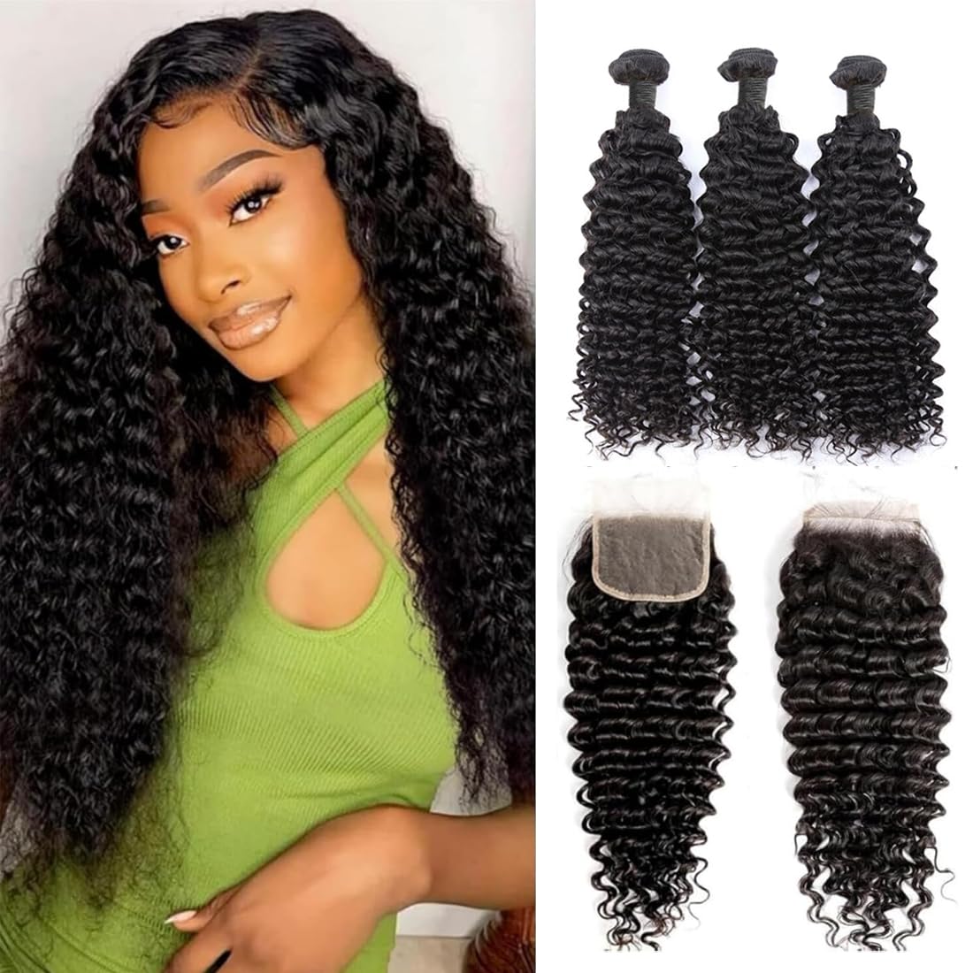 12A Human Hair Bundles with Closure 16 18 20+14 Inch Deep Wave Curly Bundles Human Hair Brazilian Raw Hair Bundles with 4x4 Lace Closure Natural Color