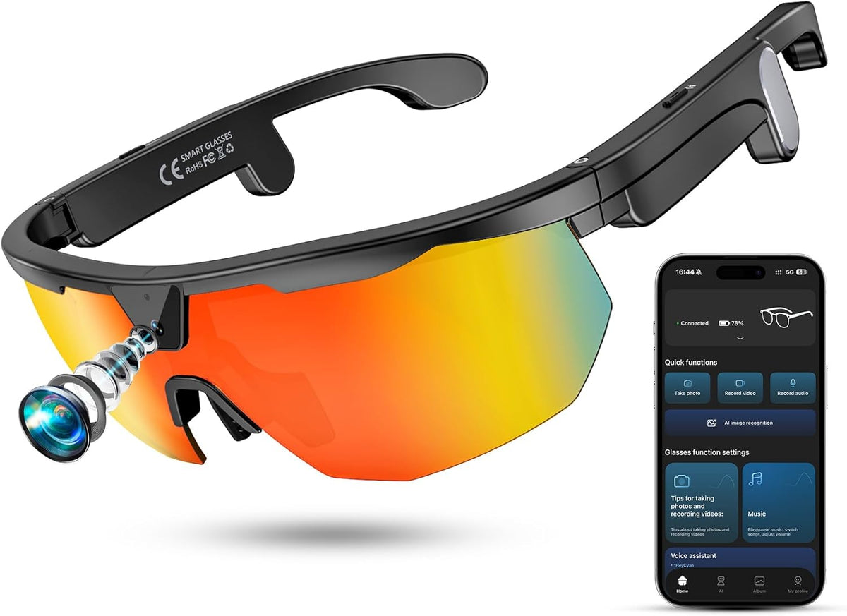 Mingtawn Smart Glasses with 4K HD Anti-Shake Camera & 3D Stereo Speakers | Polarized UV400 Sports Sunglasses | Bluetooth AI Glasses for Outdoor Video, Photos & Music | HiFi Audio Action Camera (Black)
