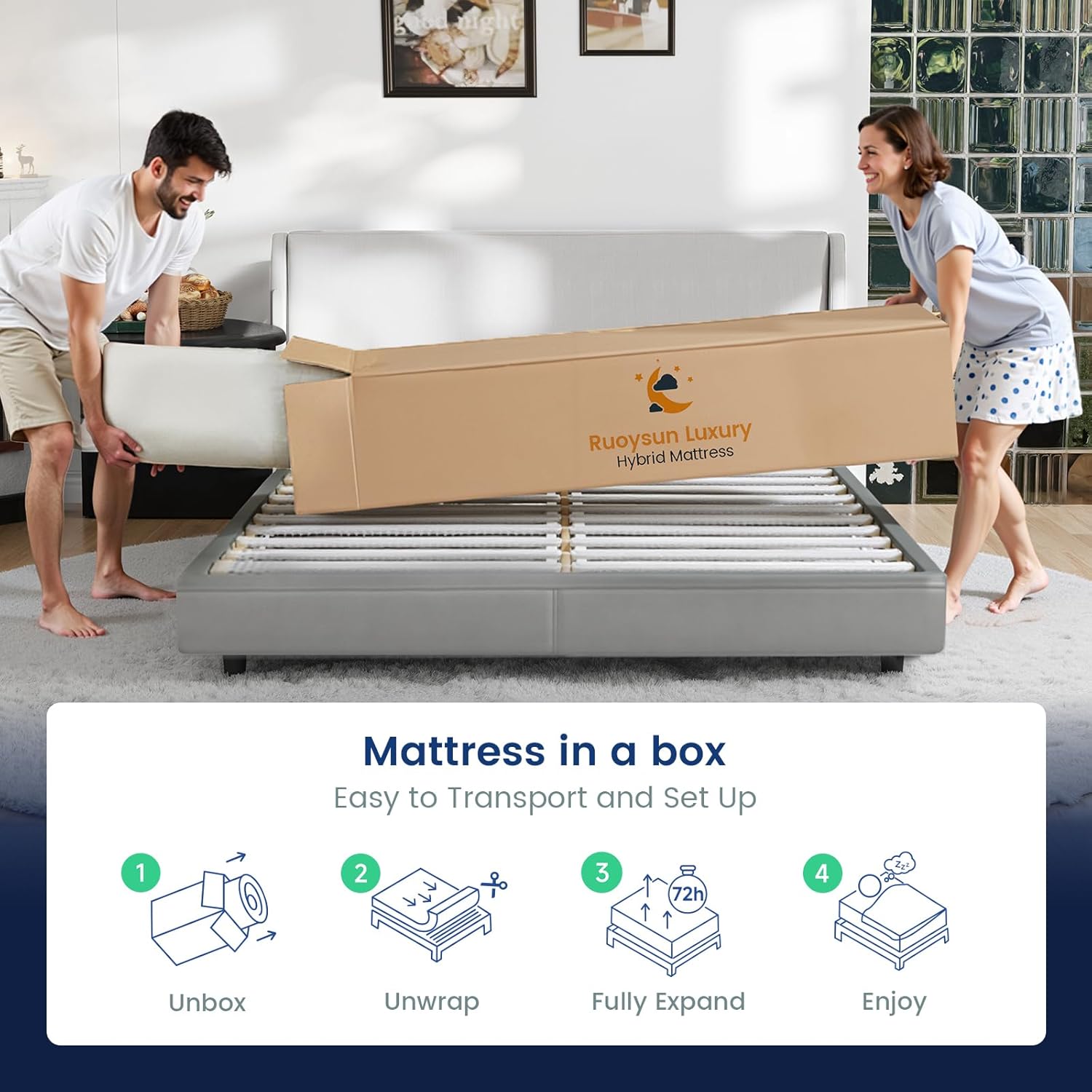 Ruoysun Queen Mattress, 14 Inch Medium Firm Hybrid Queen Size Mattress in a Box, Strong Edge Support, Motion Isolation, with 7-Zones Pocket Springs, Fiberglass-Free, Pressure Relief, CertiPUR-US